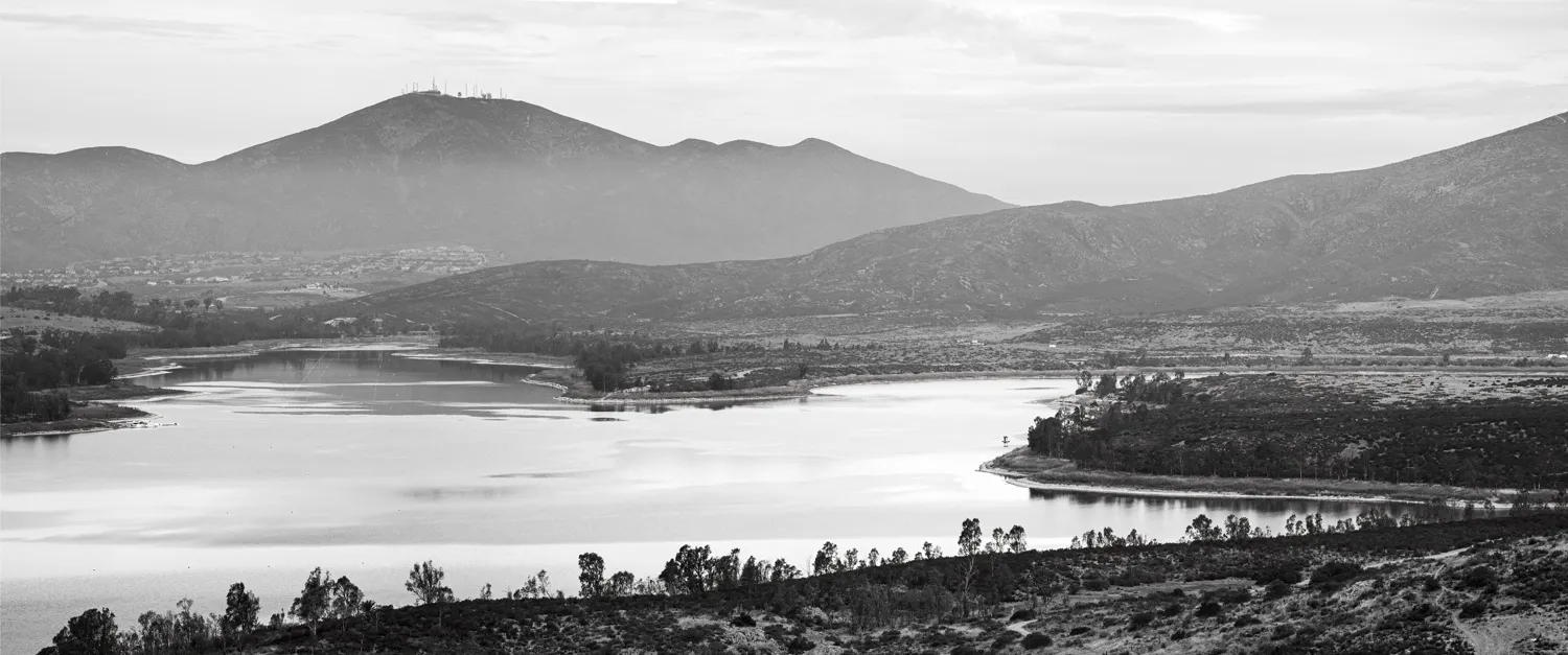 Looking out over Lower Otay Lake from Otay Lakes County Park on a rainy day.